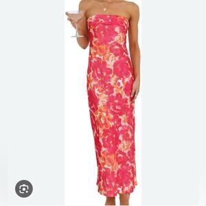 REALTIX NWT Floral Pink Strapless Satin Midi Dress Size S